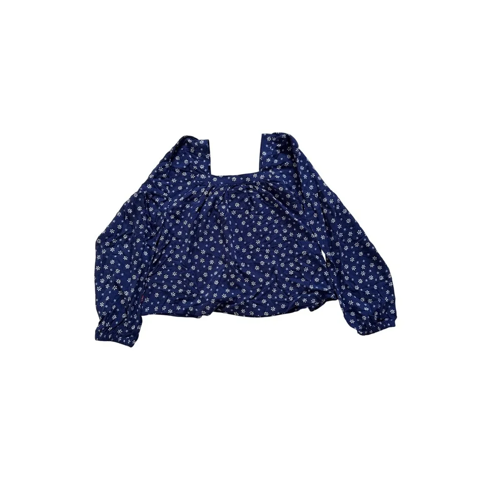 Levis Girls Navy Blue Floral Daisy Puff Sleeve Square Neck Blouse Top M 10-12Y